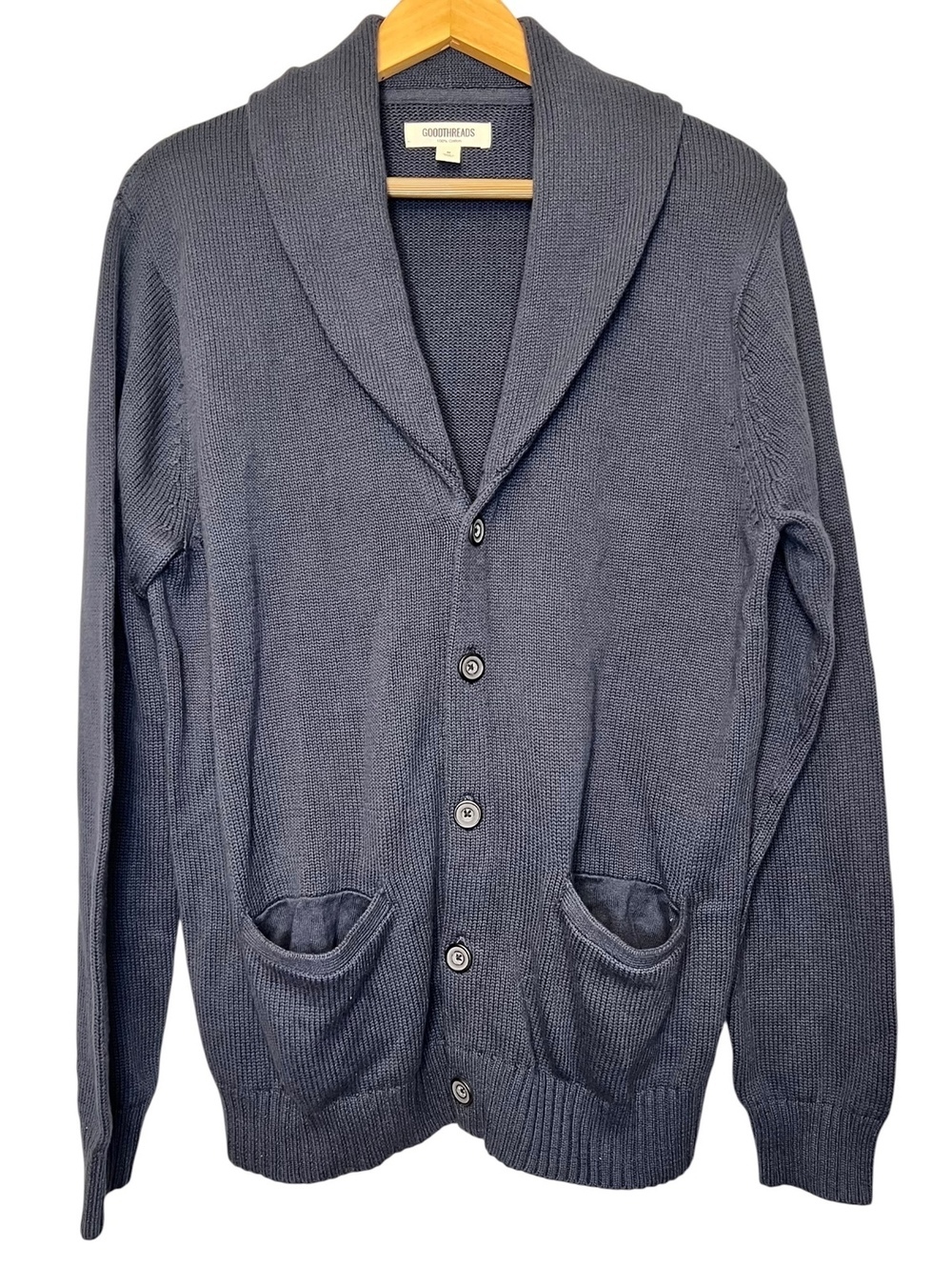 Goodthreads Men Shawl Collar Cardigan Sweater Blue 100% Cotton Button Front Sz M